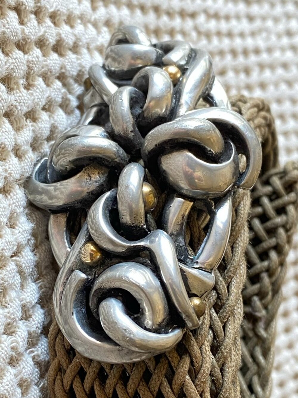 VTG Connie Bates Fahrenheit NY Anemone Belt Woven Mesh Linen Swirl Pewter Brass